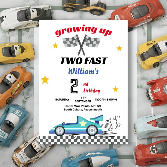 blue boy cars Race Car two fast 2nd birthday Invitation (Creator Uploaded)