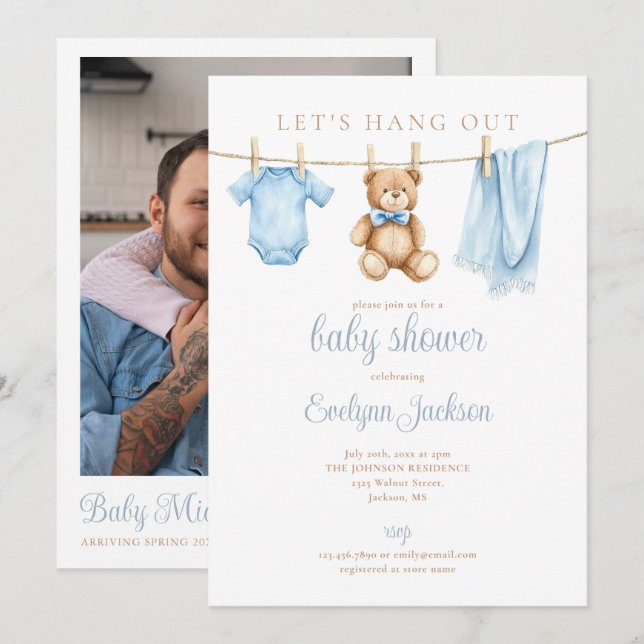 Blue Boy Clothesline Baby Shower Photo QR Code Invitation (Front/Back)