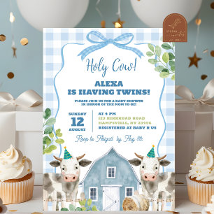 Blue Boy Cow Twins Baby Shower Invitation