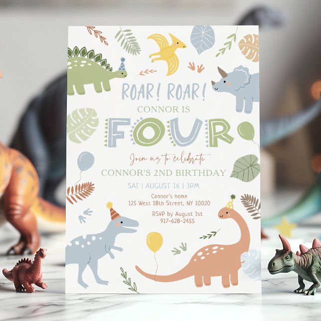 Blue Boy Dinosaur 4th Birthday Invitation (Creator Uploaded)