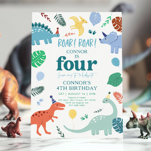 Blue Boy Dinosaur Boho 4th Birthday Invitation