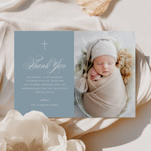 Blue Boy Elegant Cross Calligraphy Photo Baptism Thank You Card