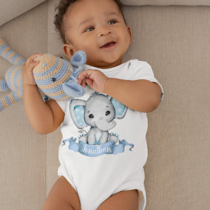 Blue Boy Elephant Personalised name Baby Bodysuit