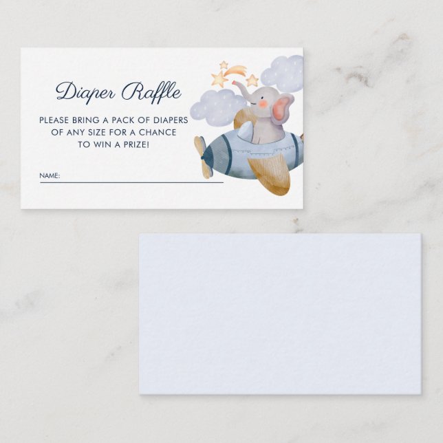 Blue Boy Elephant Plane Diaper Raffle Baby Shower Enclosure Card (Front/Back)