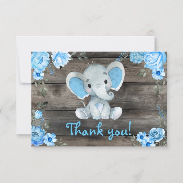 Blue Boy Elephant Thank you Card Rustic Floral (Front)