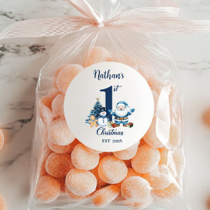 Blue Boy First Christmas Classic Round Sticker