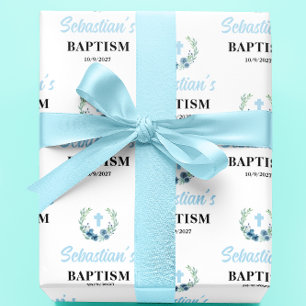 Blue Boy Floral Baptism Wrapping Paper