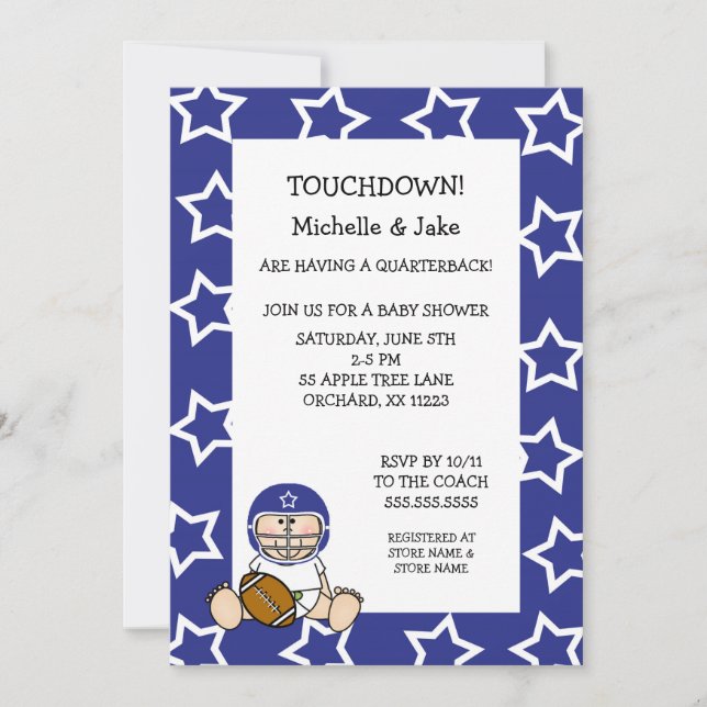 Blue boy football baby shower invitation (Front)
