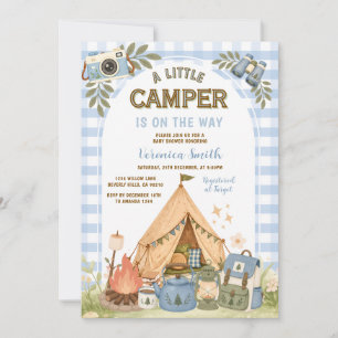Blue Boy Gingham Camping Boy Shower  Invitation
