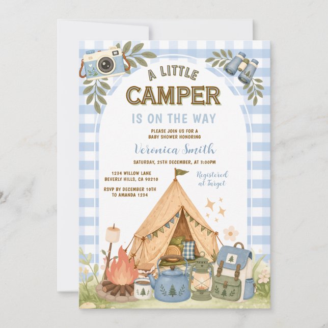 Blue Boy Gingham Camping Boy Shower  Invitation (Front)