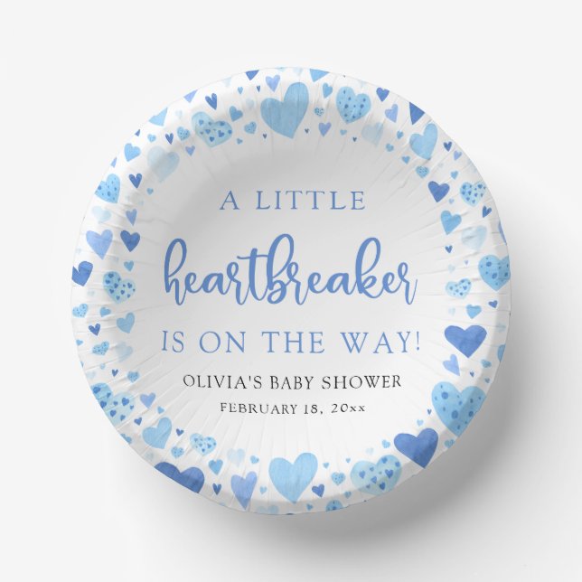 Blue Boy Little Heartbreaker Valentine Baby Shower Paper Plate (Front)