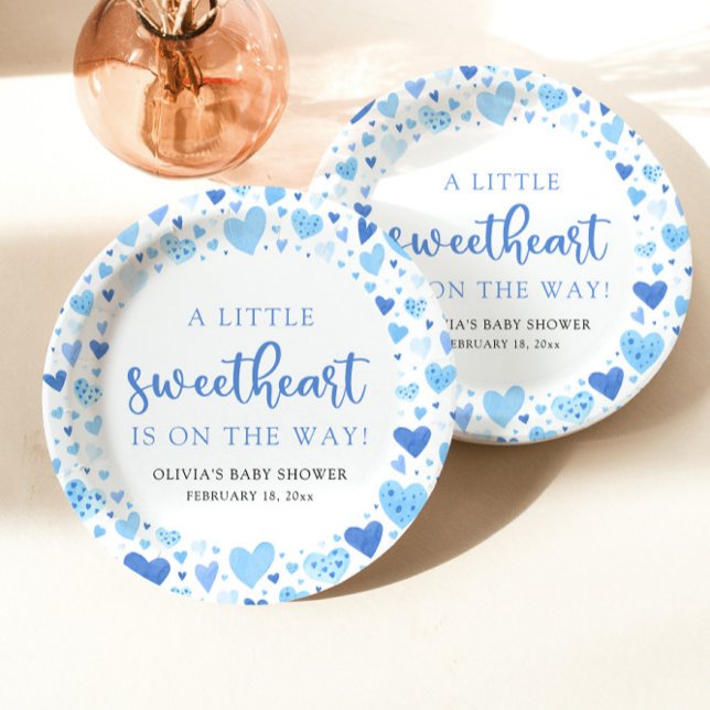 Blue Boy Little Sweetheart Valentine Baby Shower Paper Plate (Creator Uploaded)