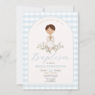 Blue Boy Modern Greenery Baptism Gingham Invitation