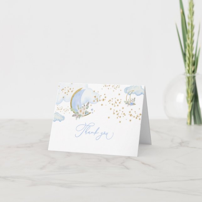 Blue Boy Moon Baby Shower Thank You Card (Front)