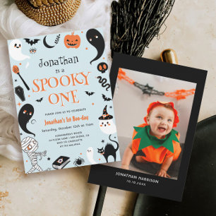 Blue Boy Photo Halloween Spooky One 1st Birthday Invitation