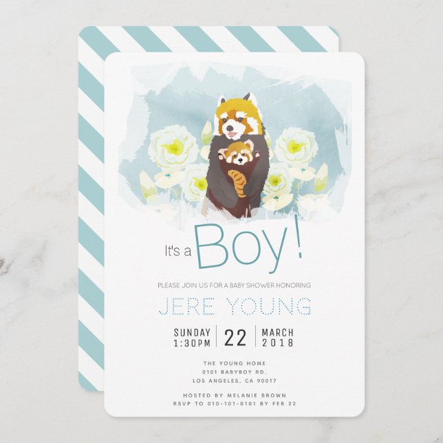 Blue Boy 'Red Panda' Baby Shower Invitation Card (Front/Back)
