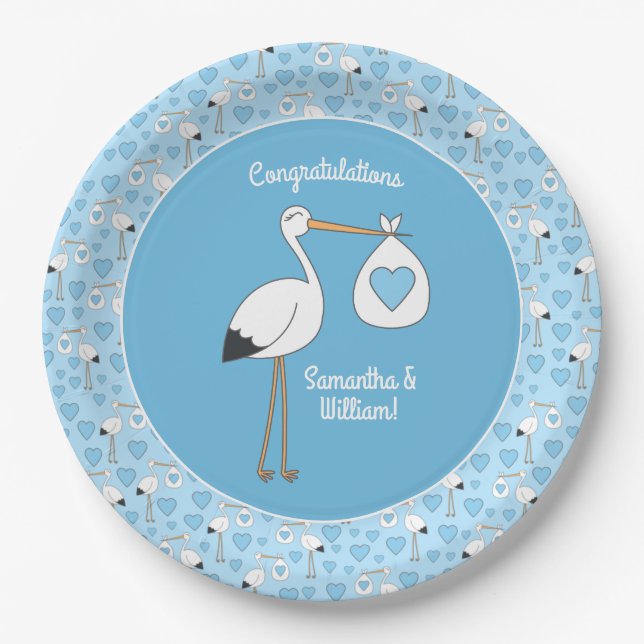 Blue Boy Stork Baby Shower Paper Plate (Front)