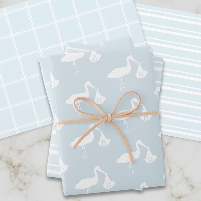 Blue Boy Stork Baby Shower Wrapping Paper Sheets (Blue stork themed wrapping paper perfect for baby showers and gender reveals)