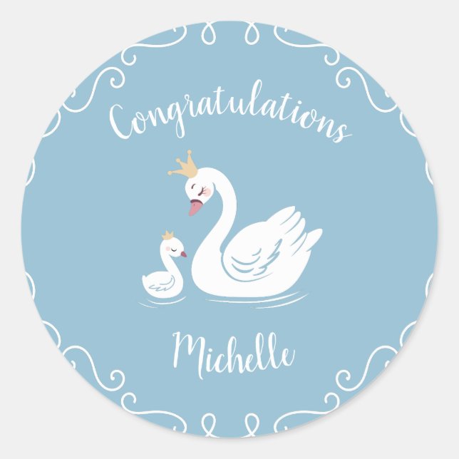 Blue Boy Swan Baby Shower Classic Round Sticker (Front)