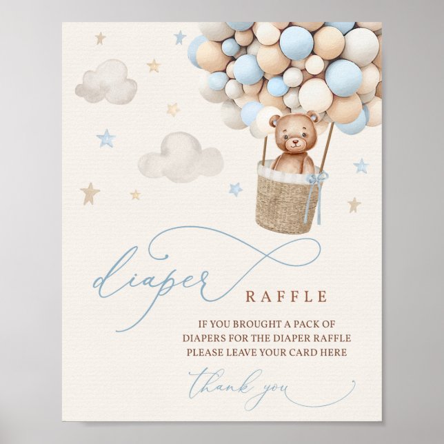 Blue Boy Teddy Bear Baby Shower Diaper Raffle Sign (Front)