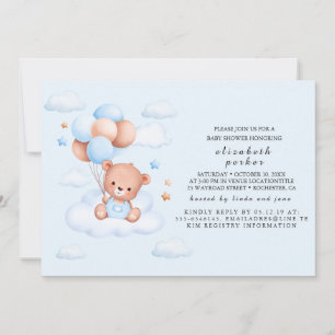 Blue Boy Teddy Bear Baby Shower Invitation