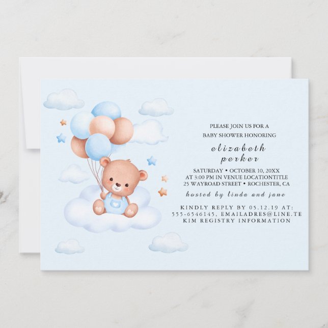 Blue Boy Teddy Bear Baby Shower Invitation (Front)