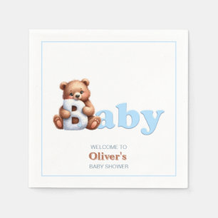 Blue Boy Teddy Bear Baby Shower Napkin