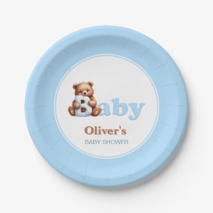 Blue Boy Teddy Bear Baby Shower Paper Plate