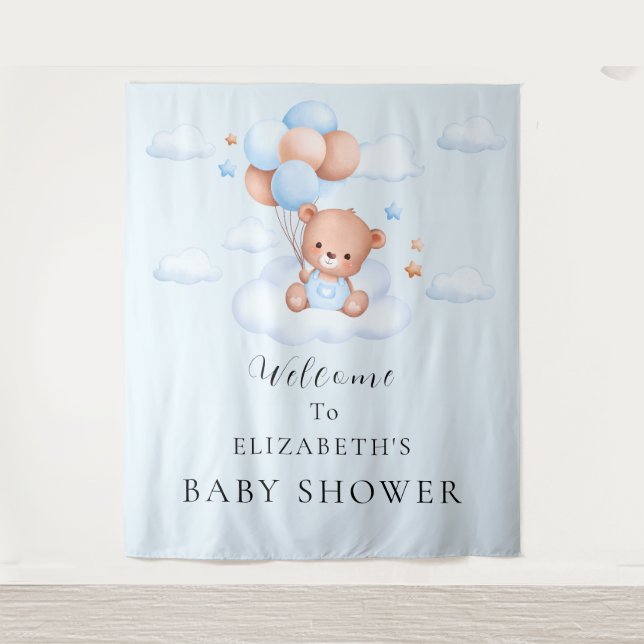 Blue Boy Teddy Bear Baby Shower Tapestry (Front)
