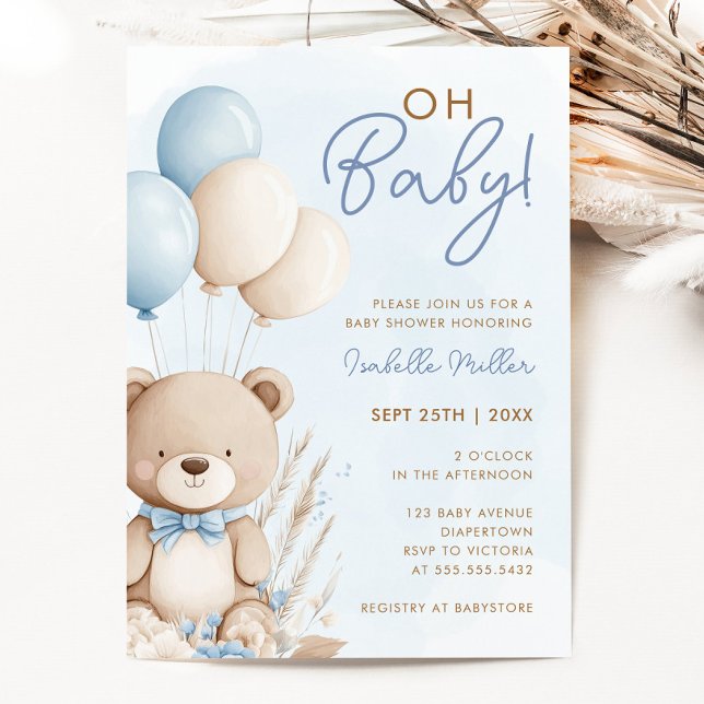 Blue Boy Teddy Bear Boho Baby Shower  Invitation (Blue Boy Teddy Bear Boho Baby Shower Invitation)