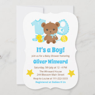 Blue Boy Teddy Bear Clothes Baby Shower Invitation