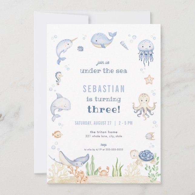 Blue Boy Under the Sea Birthday Invitation (Front)