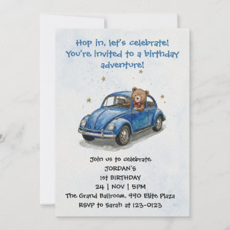 Blue Boy Watercolor Teddy Bear Driving Car Invitation