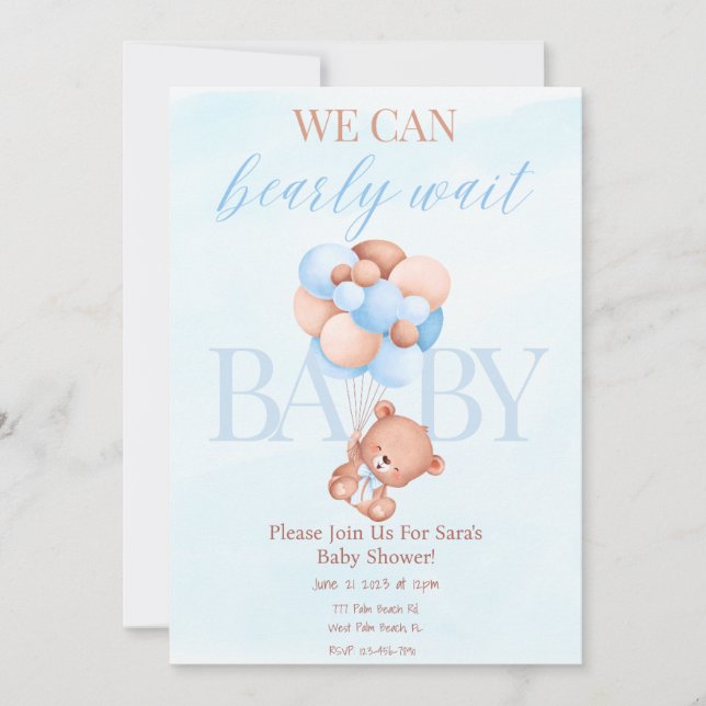 Blue Boy We Can Bearly Wait Baby Shower Invitation (Front)