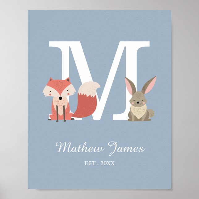 Blue Boy Woodland Animals Monogram Nursery Poster (Front)