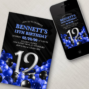 Blue Boys 12th Birthday Invitation