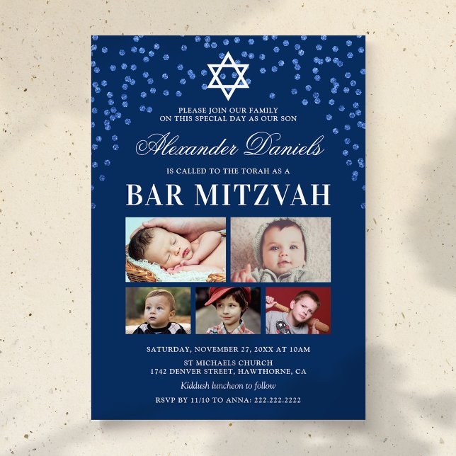 Blue Boys Bar Mitzvah Photo Invitation (Creator Uploaded)