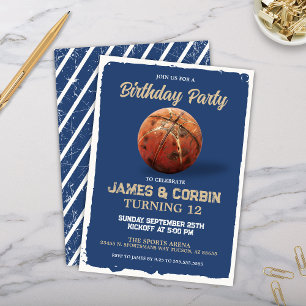 Blue Boys Basketball Theme Double Birthday Party Invitation