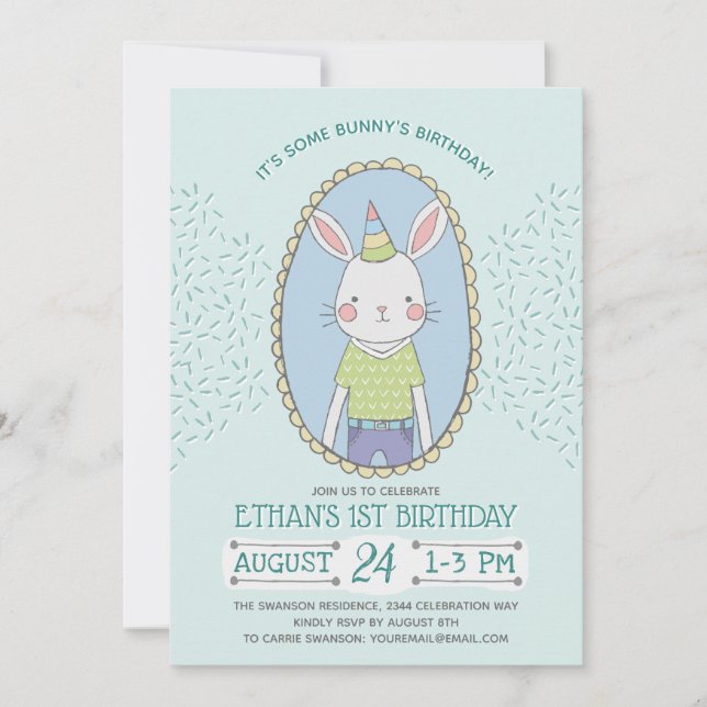 Blue Boys Bunny Birthday Party Invitation (Front)