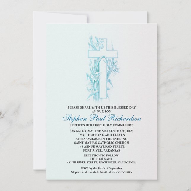 Blue Boy's Communion Christening invitations (Front)