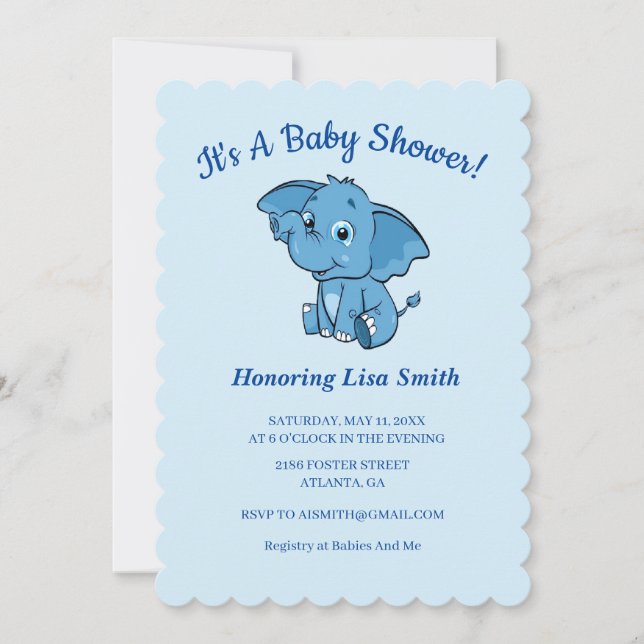 Blue Boy's Elephant Baby Shower Invitation (Front)