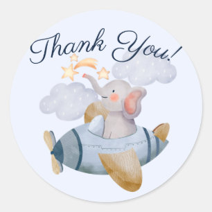Blue Boy's Elephant Plane Baby Shower Thank You  Classic Round Sticker