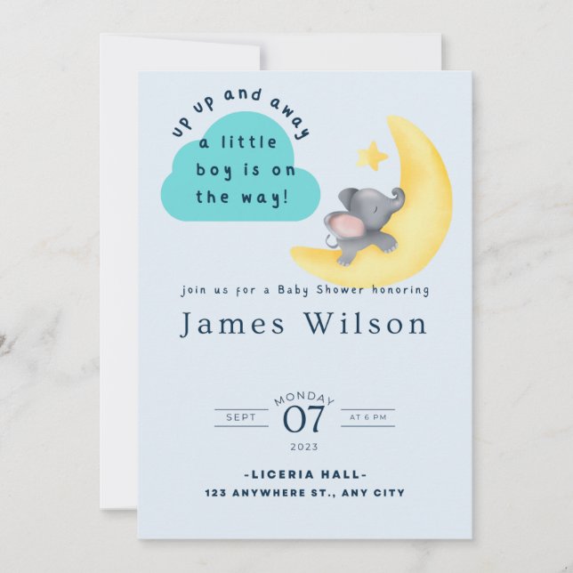Blue Boy's Elephant  Watercolor Baby Shower  Save The Date (Front)