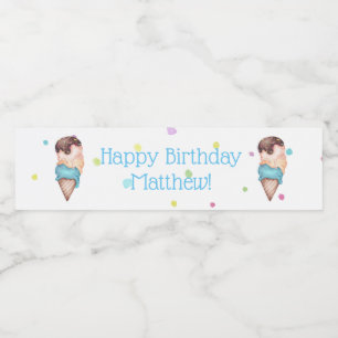 Blue Boys Ice Cream Birthday Party Water Bottle Label