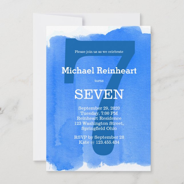 Blue Boy's Kid's Birthday Party Watercolor Effect Invitation (Front)