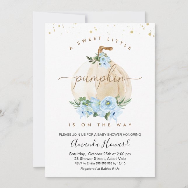 Blue Boys Little Pumpkin Floral Baby Shower Invitation (Front)