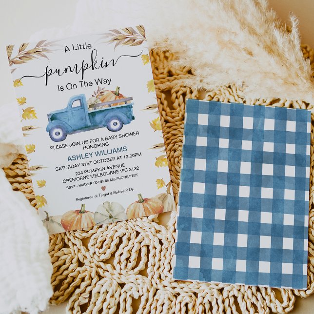 Blue Boy's Little Pumpkin Truck Baby Shower Invitation (Creator Uploaded)