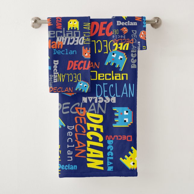 Blue boys name pixel alien graphic Declan towels (Insitu)