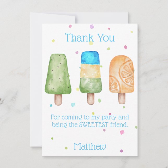 Blue Boys Popsicle Birthday Party Thank You Card (Front)