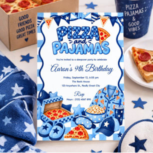Blue Boys Sleepover Pizza and Pyjamas Birthday Invitation